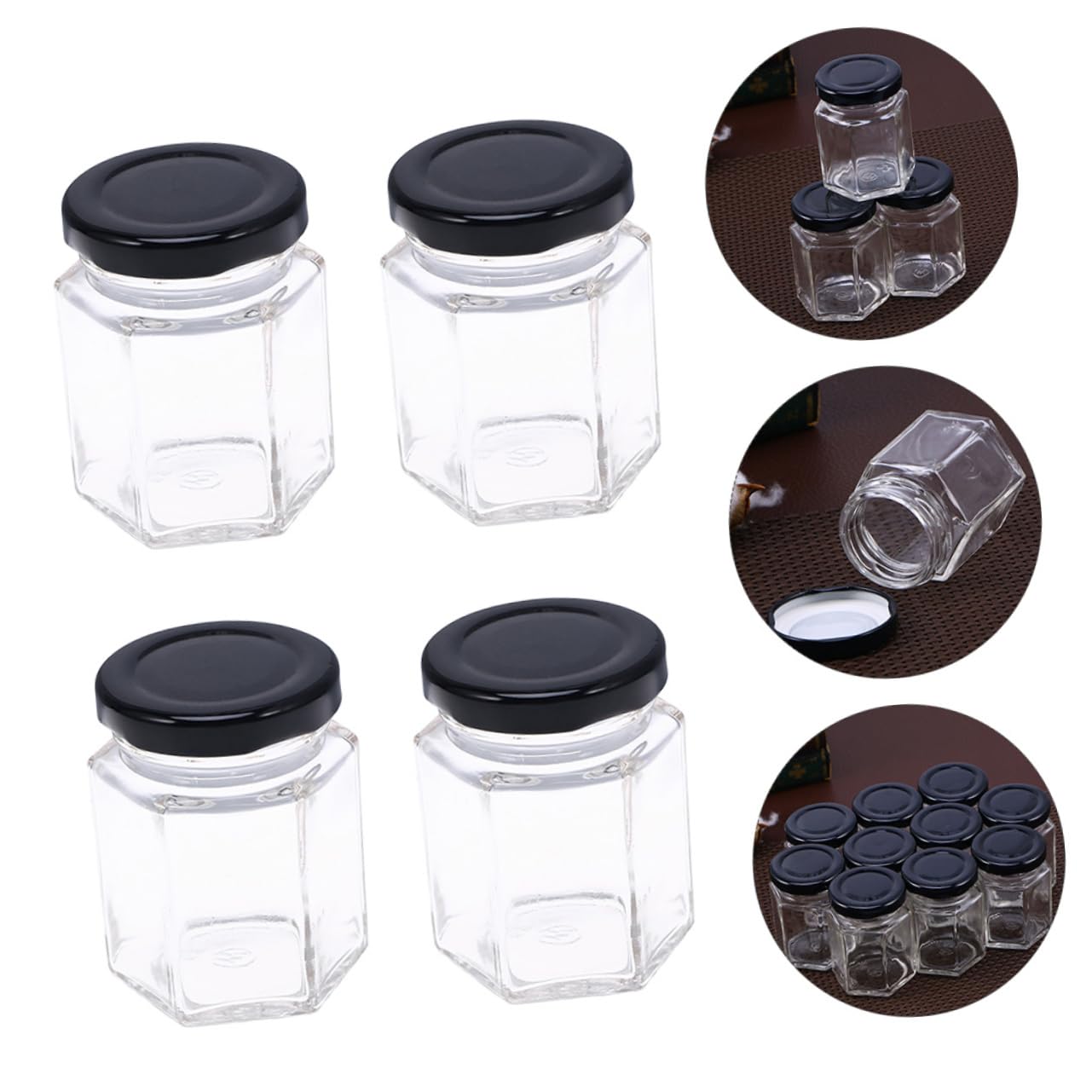 Zerodeko Tarro de Comida Sellado de Vidrio Hexagonal 380ml 10 Piezas | Negro, Uso Doméstico en Cocina, para Granos y Alimentos, Limpieza Sencilla