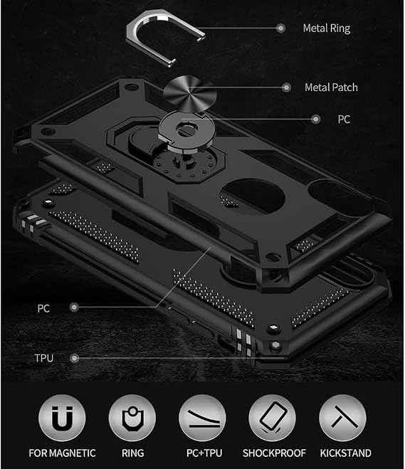 Yiakeng for iPhone XR Case, iPhone XR Phone Cases With Screen Protector, Silicone Shockproof Military Grade Protective Phone Cover with Ring Kickstand for iPhone XR (Black)