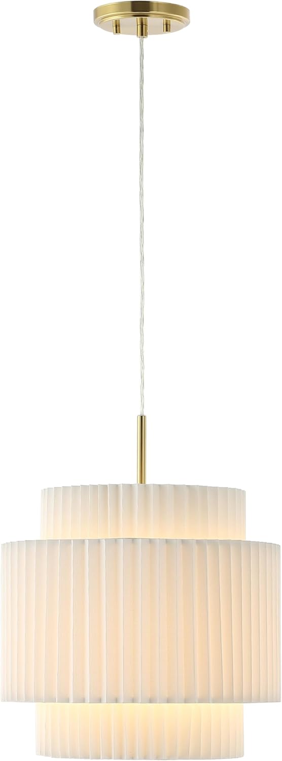 JONATHAN Y 14.5" Brass Gold and White 1-Light Iron Pendant Light, Vintage Mid-Century Modern with Pleated Linen Shade, Adjustable Height for Kitchen, LED Bulb Included JYL2408A