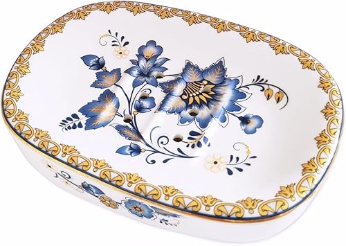 Jabonera autodrenante, bandeja de jabón de doble capa, jabonera de cerámica blanca con patrones elegantes (estilo D)