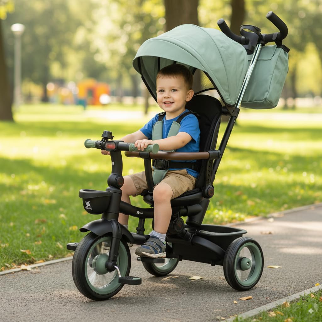 Twinly Triciclo Evolutivo Bebé Plegable Sami, Verde Oscuro | Asiento Reversible 360° , Respaldo Reclinable, Cinturón de 5 Puntos, Capota UPF50+, Plegado Compacto