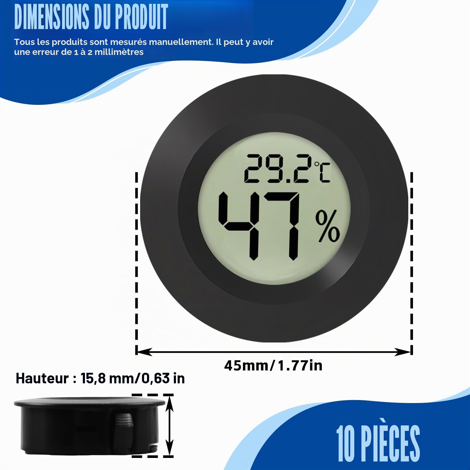 Lot de 10 thermomètres hygromètres numériques d'intérieur avec écran LCD et écran LCD, pour la maison, le bureau, la chambre à coucher, rond