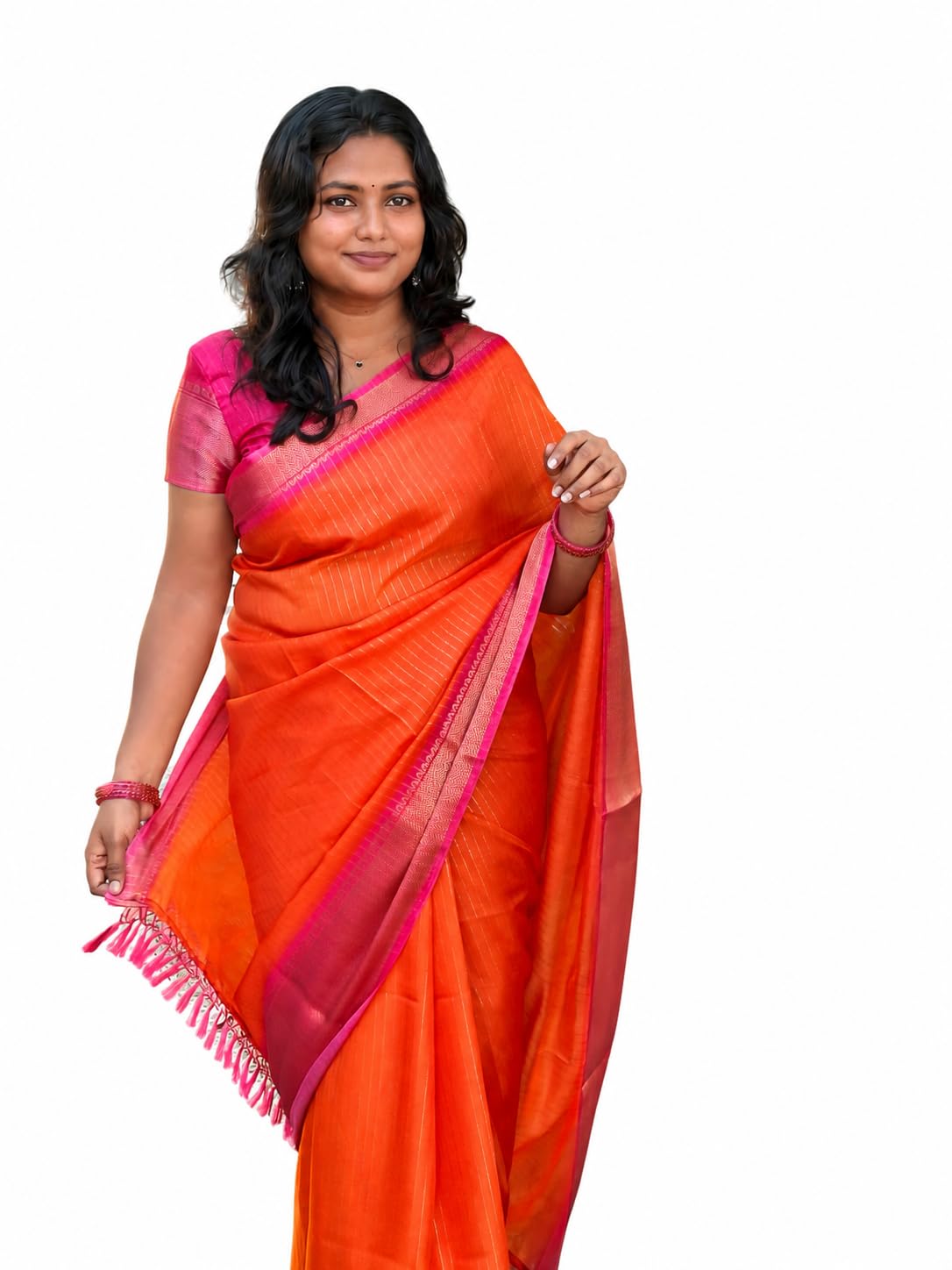 Orange Dola Silk Saree with Woven Stripe Detailing, Pink Contrast Border-image-28