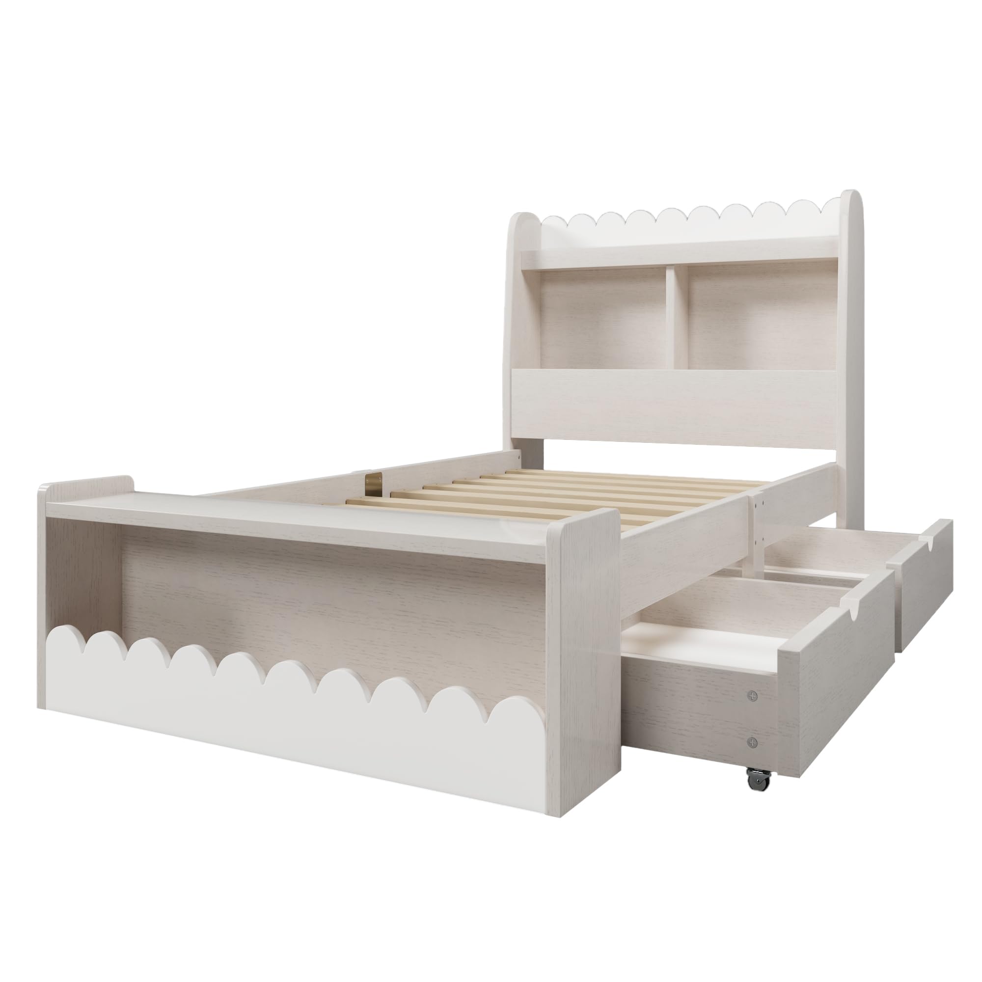 Cama individual de 90 x 190 cm, con cajones, estantería y banco con almacenamiento, cama de madera, marco de cama y somier de madera, color blanco con color roble (sin colchón)