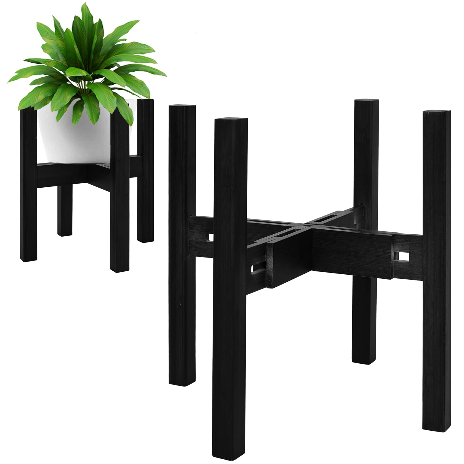 Adjustable Plant Stand Indoor,Bamboo Mid Century Modern Plants Stands, Stable Plant Holder,Fit 8 9 10 11 12 inch Pots (Pot & Plant Not Included)(Black)