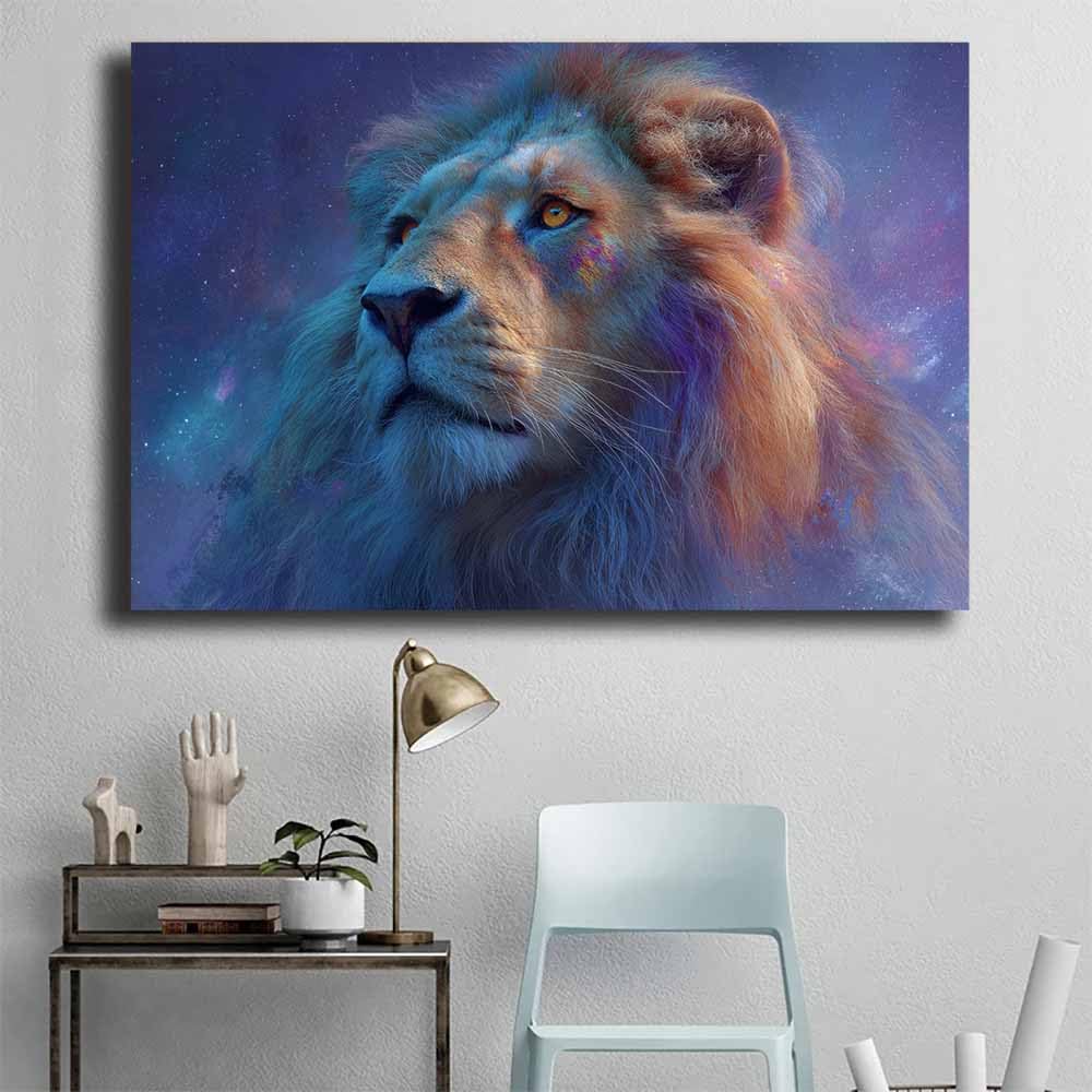 ZAMAEIU Zwierzęta lwy kontemplujące gwiazdy obraz dekoracyjny, odpowiedni do salonu, sypialni, pokoju dziecięcego (niebieski)-60 x 90 cm w ramie