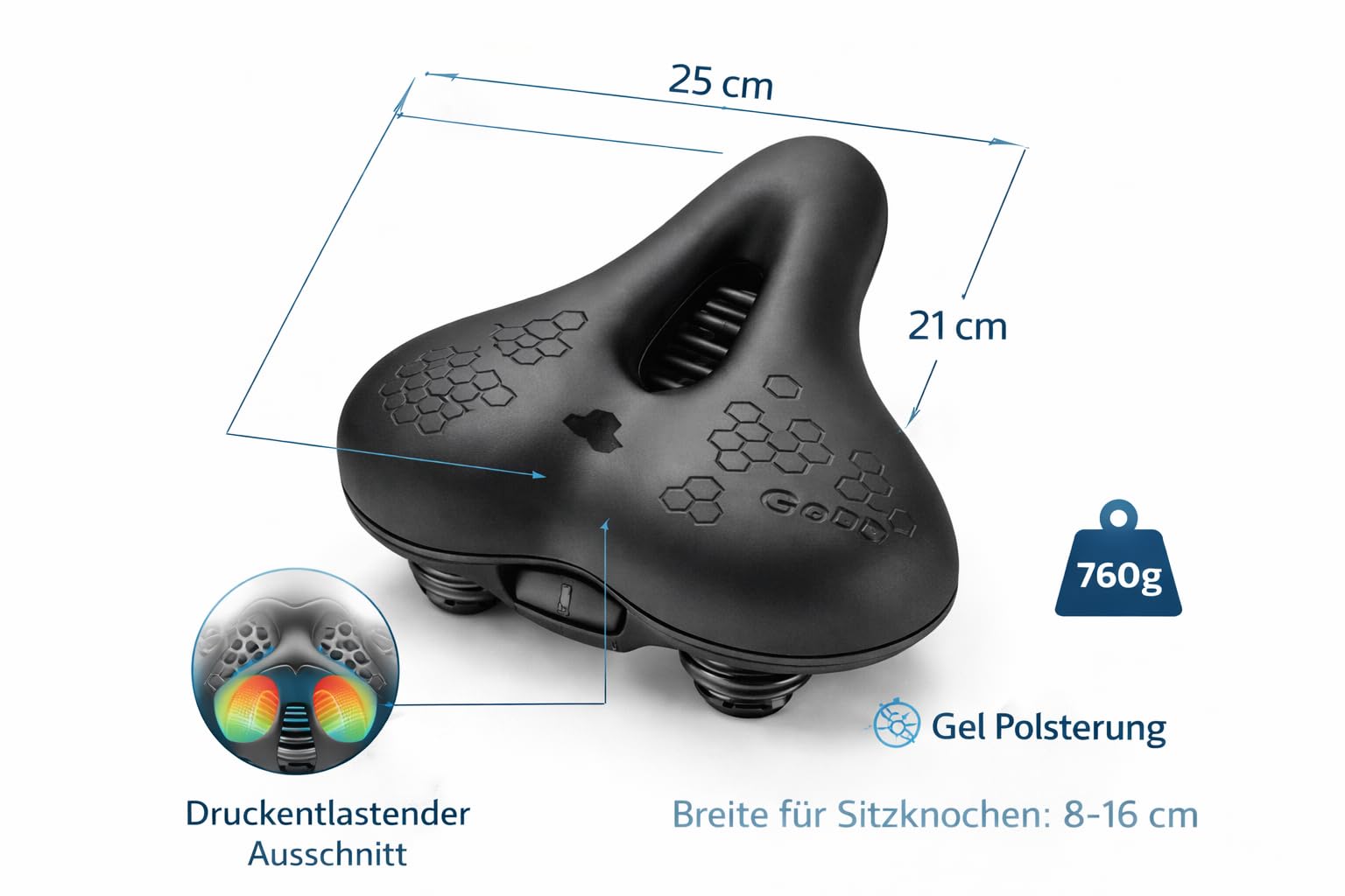 Trekking Gel-Polster-Sattel für Fahrrad,Fahrradsattel Komfort mit Federung – Ergonomischer Gel-Sattel mit Stoßdämpfer & Belüftung – Extra Breiter Fahrradsitz für Damen & Herren