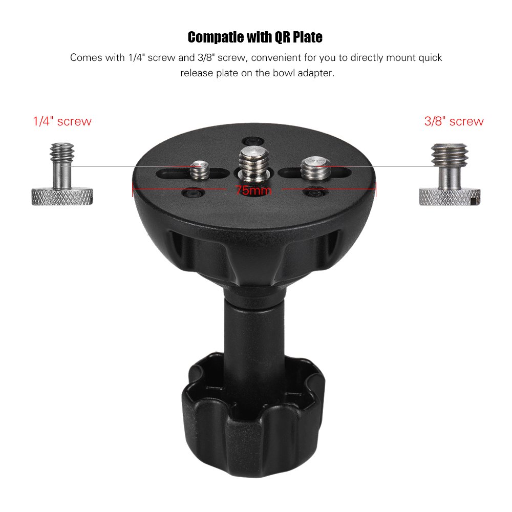 Adaptador de cuenco medio a plano de 75 mm con tornillos de 1/4 y 3/8 pulgadas para trípode de cámara DSLR