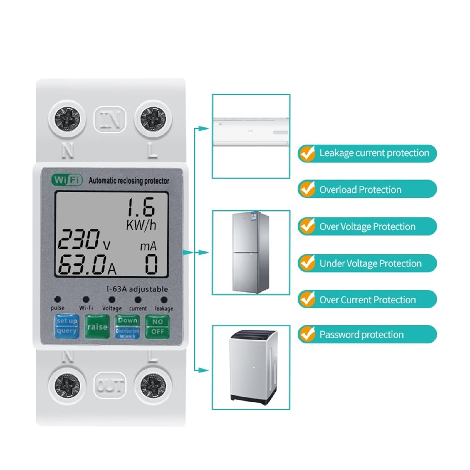 Medidor De Consumo Electrico, Tuya energía KWH medidor de energía prepago 2P 63A Circuito Fuga a Tierra sobre bajo Voltaje Protector, Fácil de Instalar