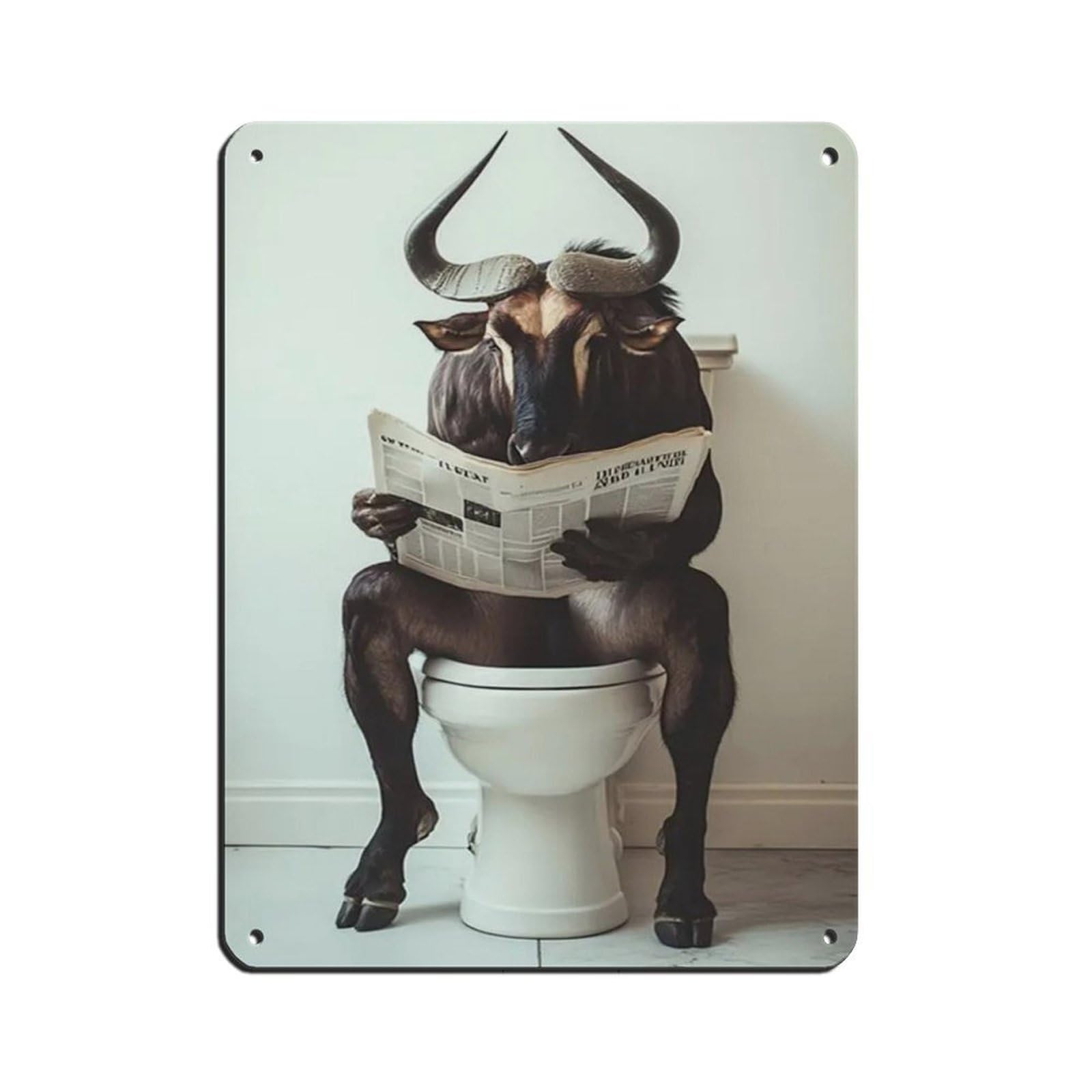 Wildebeest Sitting on Toilet Reading Newspaper Tin Sign Vintage Metal Pub Club Cafe Bar Home Wall Art Decoration Poster Retro 12x16inch(30x40cm)