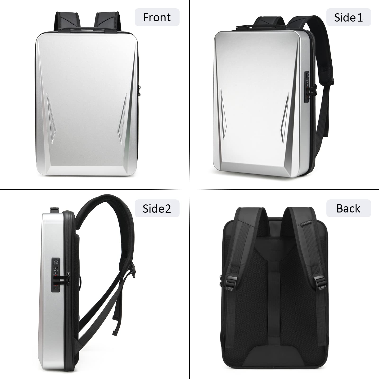 VARLIVOO Uomo Zaino 17.3" Laptop Serratura Antifurto Zainetto con Porta di Ricarica USB Alta Capacità Borse Lavoro Viaggio Scuola Università Campeggio Antifurto Zaino Guscio Rigido PC Argento