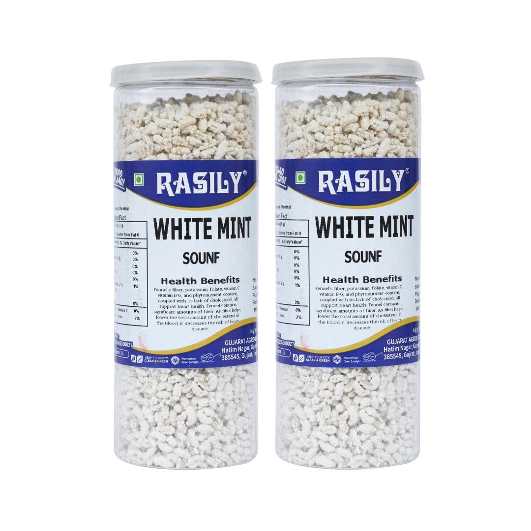 Rasily White Sweet Mint Saunf Mukhwas | Pure and Premium Madrasi Saunf Mouth Freshener Digestive and Hygienically Packed After-Meal Snack - 200g (Pack of 2)