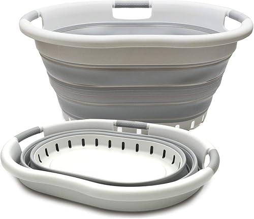 SAMMART Juego de 2 cestas plegables de plástico con 3 asas de 36 litros (9.5 galones), para guardar ropa, organizador plegable (2, grisgris)