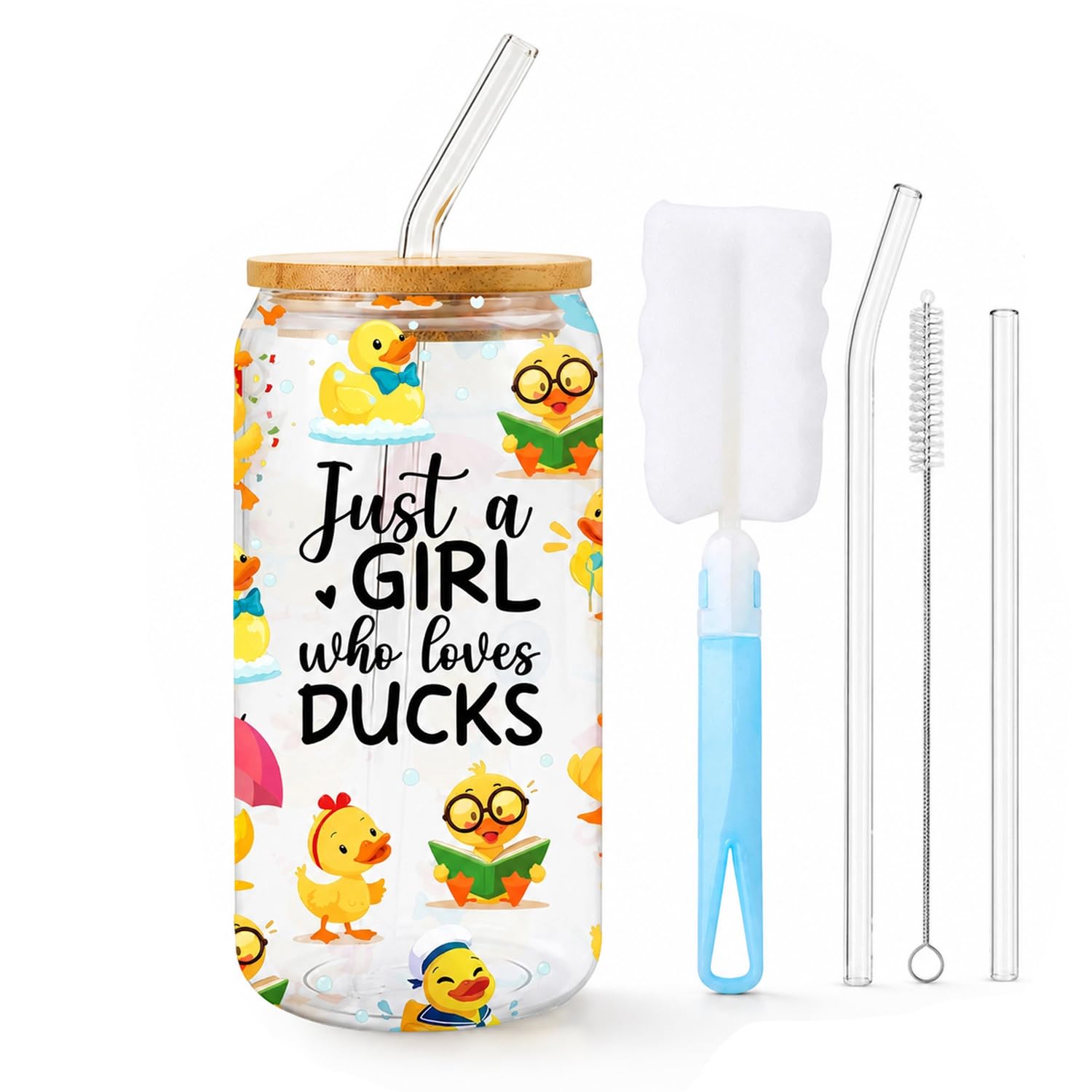 Folcora Cute Little Duck Iced Coffee Cup, Premium Glass Straws