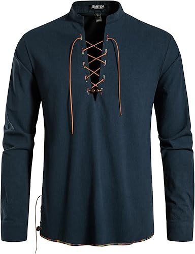 Miniatura 2 de JEMITOP Men's Pure Cotton Retro Lace Up Shirts for Renaissance Pirate Medieval Viking
