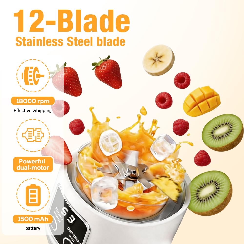 Tragbarer Mixer Smoothie Maker, 450 ML Mini Mixer to go mit 12 Rostfreien Klingen, USB Aufladbarer Mini Mixer für Shakes und Smoothie, Portable Blender für Küche, Büro, Reise, Sport(Weiß)