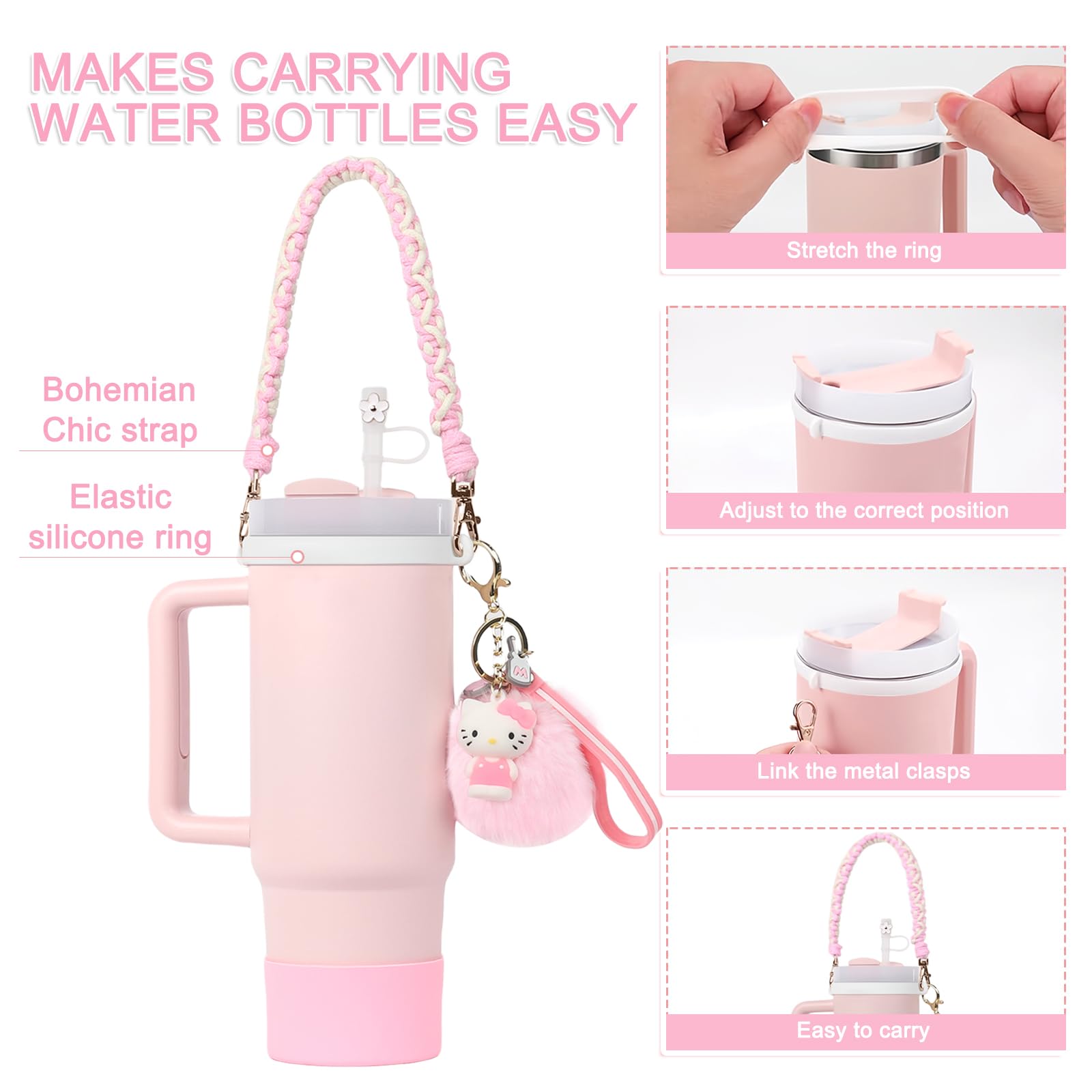 HATOTO Stanley Cup Accessories Set, Cute Kawaii Pom Pom Design Water Bottle Handle Strap, Silicone Boot, Charms for 30/40oz Tumble (Pink 1)