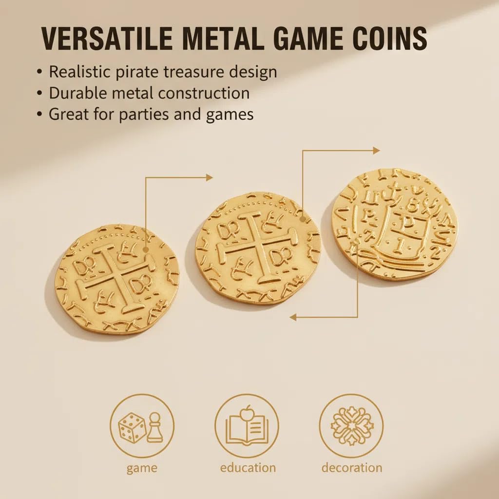 ZUCOS Accessori per monete da pirata, set di monete d'oro, in metallo, decorazione per giochi da tavolo DND, cosplay, imitazione di denaro medievale, tesoro dei pirati (35 pezzi)