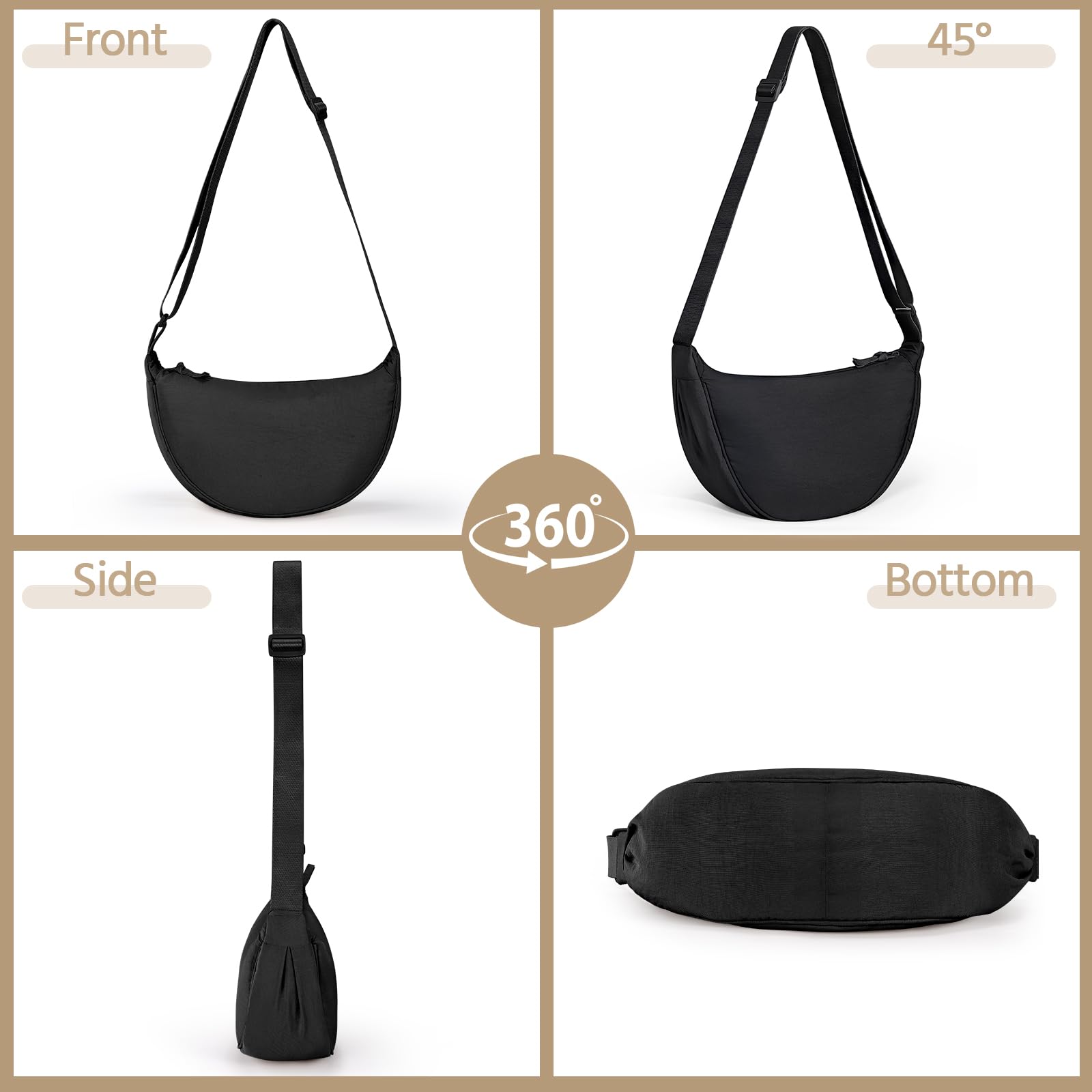 Yuson Girl Borsa a Tracolla da Donna a Mezza Luna Halfmoon Borse a Spalla con Tracolla Regolabile Tinta unita Hobo Bag in Nylon Crossbody Bag per Shopping Viaggio Festa Lavoro