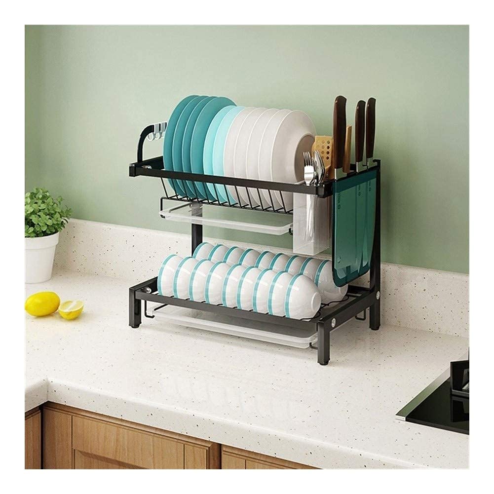 SaryEdge Dish Drying Rack Dish Drying Rack,2/3 Rust Dish Rack Stainless Steel Kitchen Dish Drainer Rack Organizer Dish Drying Rack Utensil Holder With Drain Board,Black-2Tier,Black-2Tier