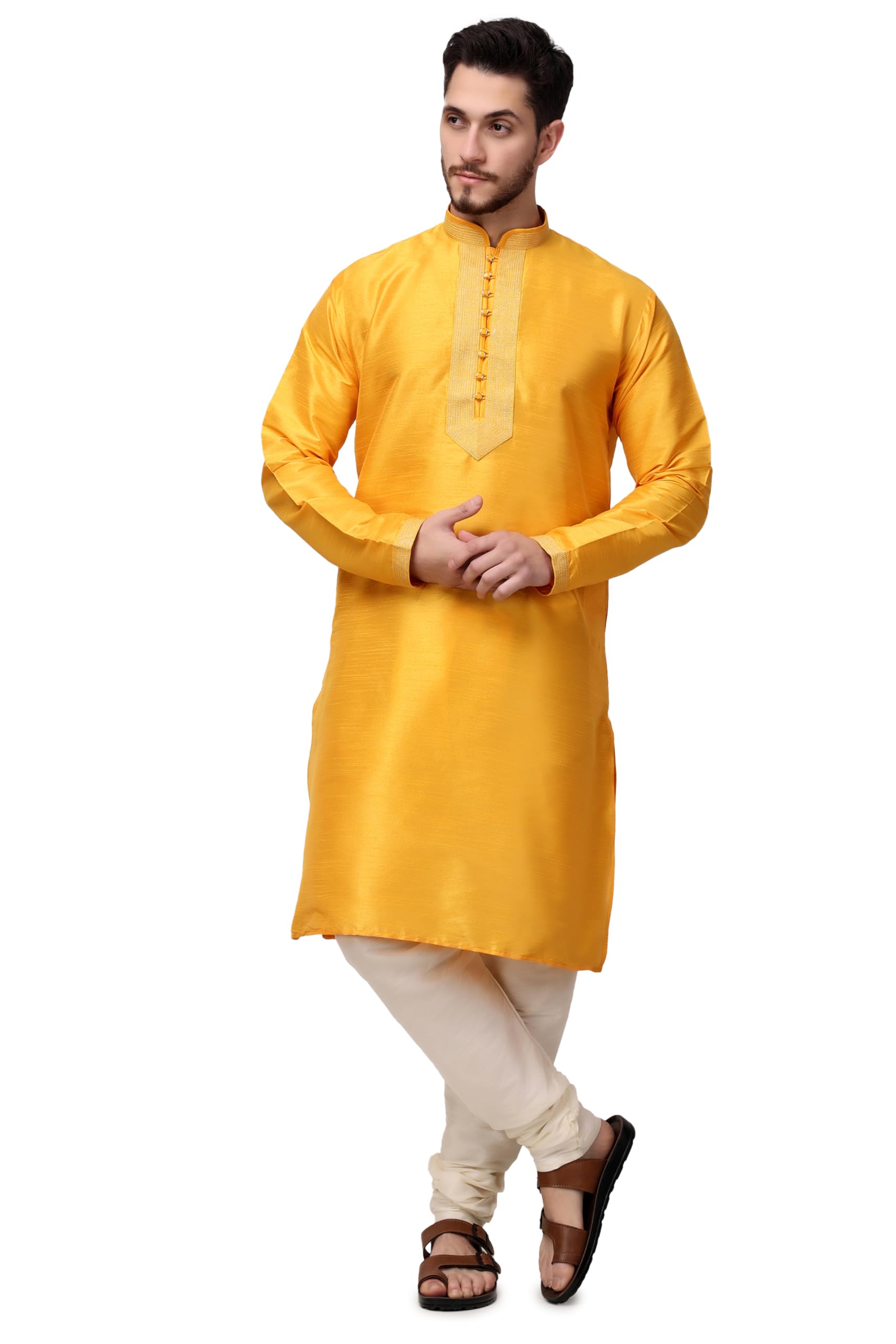 Men's Silk Front Embroidered Kurta Churidaar Set-image-27