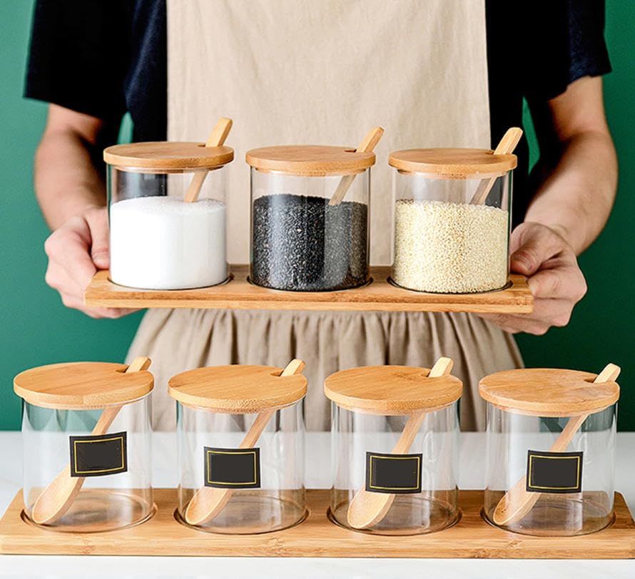 Luminexia Barattolo per condimenti da Cucina,Set di barattoli per condimenti in Vetro con coperchi e Cucchiaio di bambù,Scatola per condimenti in Vetro,per conservare Lo Zucchero di Sale di e spezie