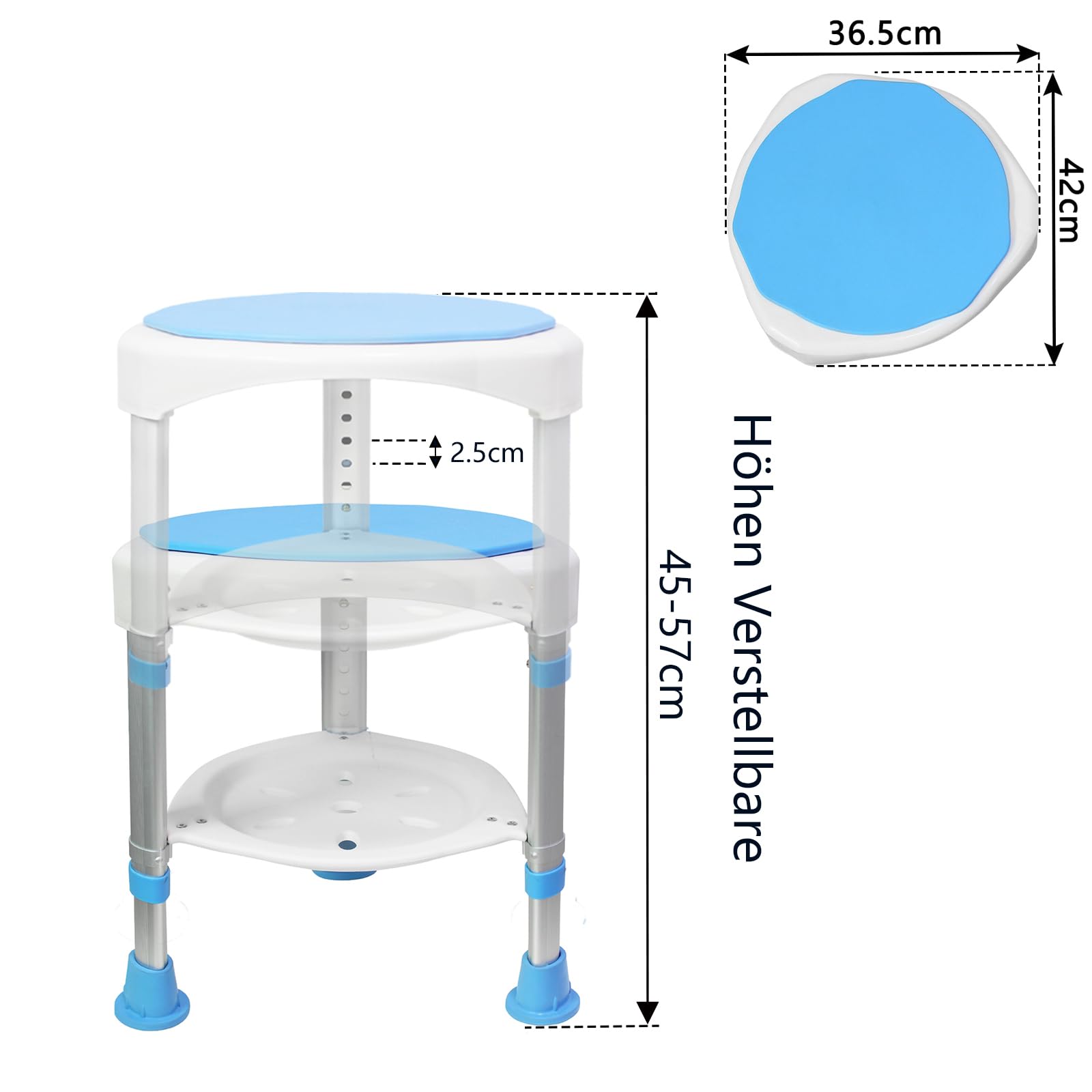 LILIIN Obrotowe krzesło prysznicowe o 360°, regulacja wysokości 45-57 cm, taboret prysznicowy z aluminium i tworzywa sztucznego, antypoślizgowe siedzisko łazienkowe z regulowanymi nogami, pomoc w