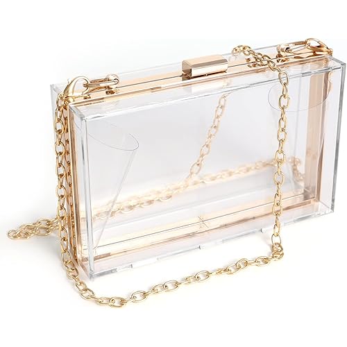 WJCD Women Clear Purse Acrylic Clear Clutch Bag, Shoulder Handbag With Removable Gold Chain Strap