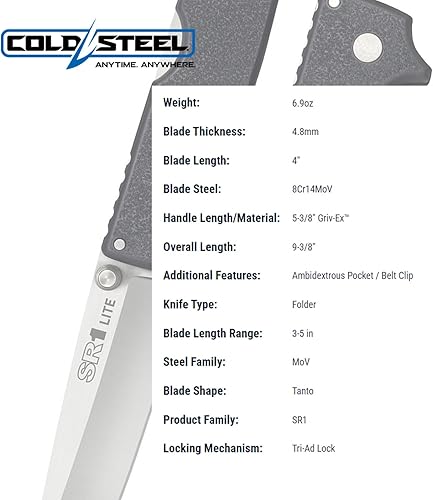 Miniatura 6 de Cold Steel SR1 Lite 8Cr14MoV Cuchillo plegable táctico de defensa personal con mango Griv-Ex de acero de 4 pulgadas con mecanismo de bloqueo Tri-Ad,