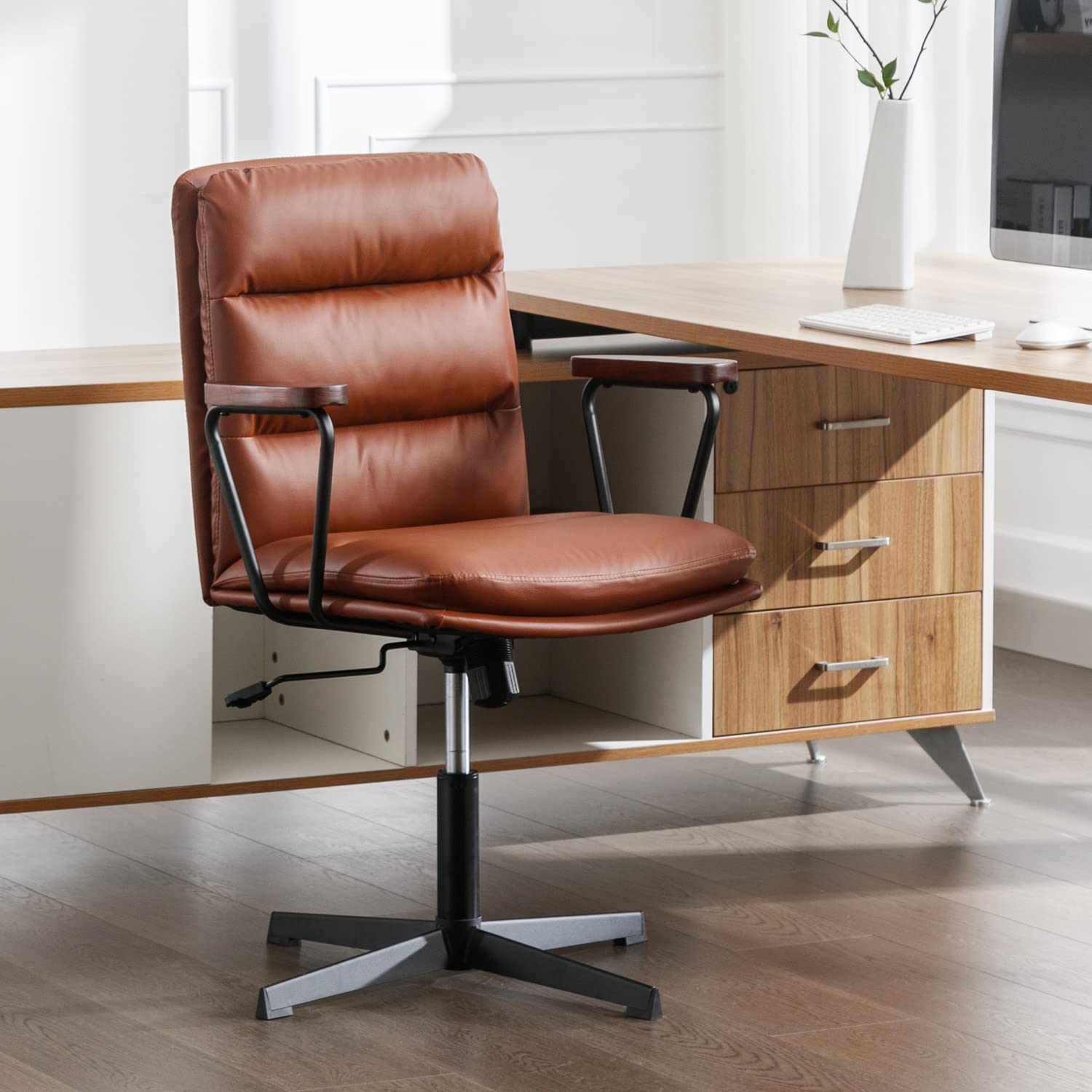 Okeysen Office Desk Chair No Wheels, Criss Cross Chair with Detachable Wooden Armrests, Ergonomic Comfy Adjustable Computer Chair with Thick Cushion, Armless Swivel Task Vanity Chair for Home, Office
