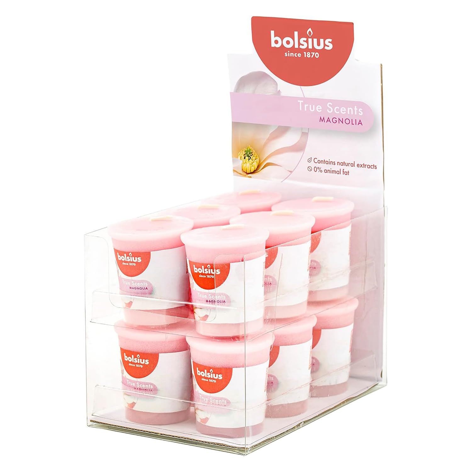 Bolsius - Velas votivas aromáticas - Magnolia - Rosa - 12 unidades - Duración de combustión 15 horas - Con extractos naturales - Cera natural y vegana - Sin aceite de palma