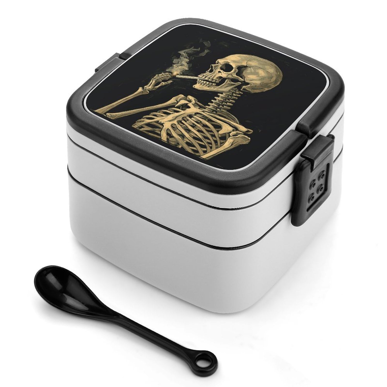 FekiLoot - Burnt Skeleton Lunch Box for Adults, Sealed Bento Lunch Box with Spoon, Heavy Duty Double Layer Bento Boxes with Snap On Design, Leakproof, Ideal for the