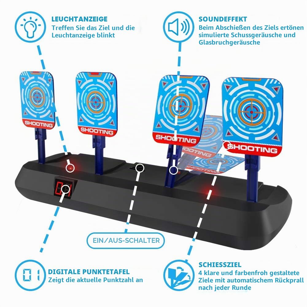 Digitale Zielscheibe für Nerf, Ziele Elektrisch Kinderspiele ab 3 4 5 6 7 8 9 10 Jahr Kinder Junge Auto Reset Target mit 20 Darts Indoor Schieß Spiele Geburtstag Weihnachten Geschenk
