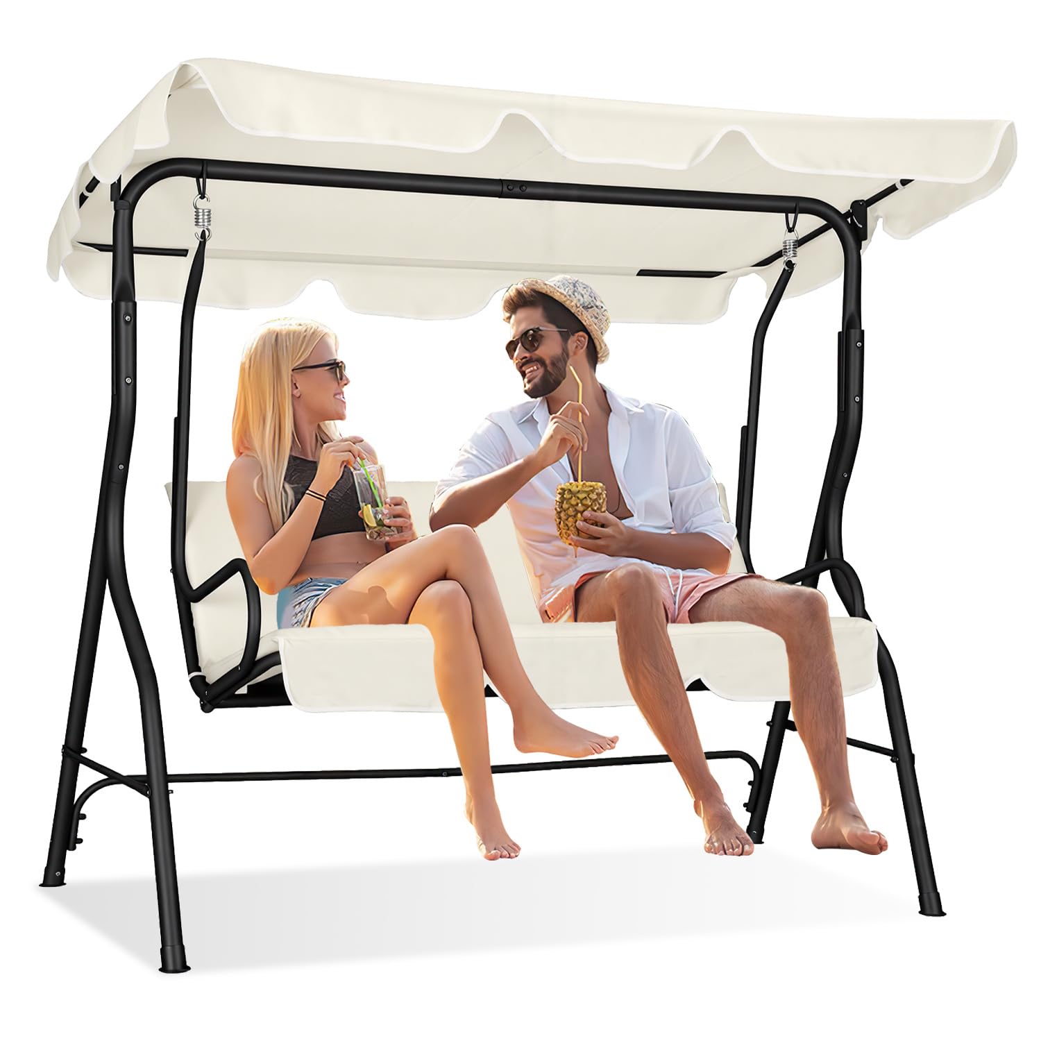 3-Sitzer Hollywoodschaukel Hochwertiger Gartenschaukel mit Verstellbarem Sonnendach Hängeschaukel aus Stahl bis 250 kg Belastbar für Garten, Pool, Terrasse, Beige