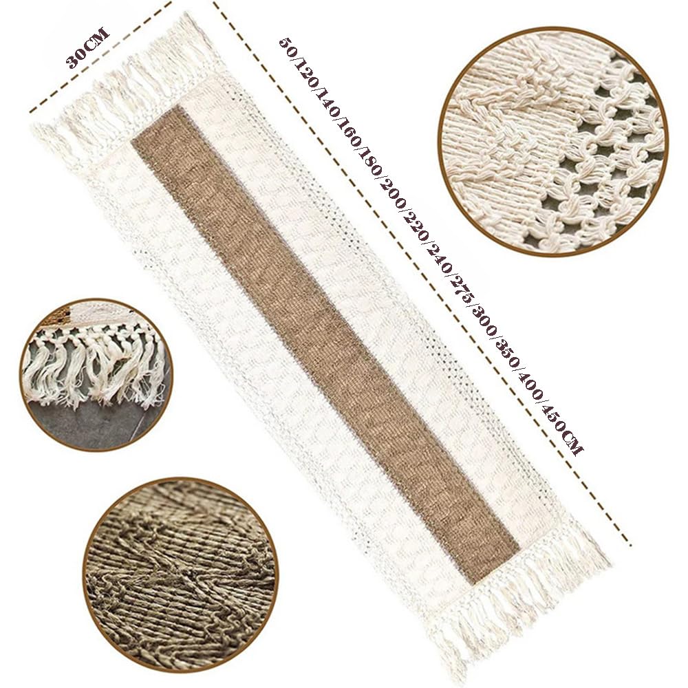 Chemin de table Boho 30 x 350 cm - En coton et lin - Avec pompons - Rustique creux - En macramé - Dentelle au crochet - Décoration de table de mariage - Pour cuisine, salle à manger