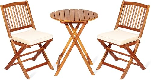 LDAILY Juego de 3 piezas de bistró para patio, juego de muebles plegables de jardín, mesa de madera de acacia y 2 sillas acolchadas acolchadas,