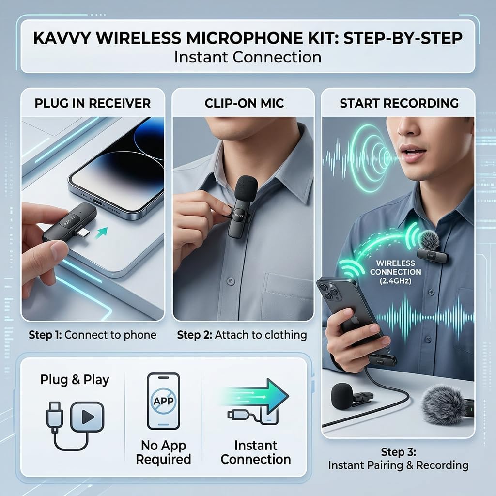 KAVVY Wireless Microphone for iPhone, Dual Mini Lavalier Mic, Clip On Wireless Mic for Video Recording, Podcast, TikTok & YouTube, Portable for Android, Camera & PC, Noise Reduction