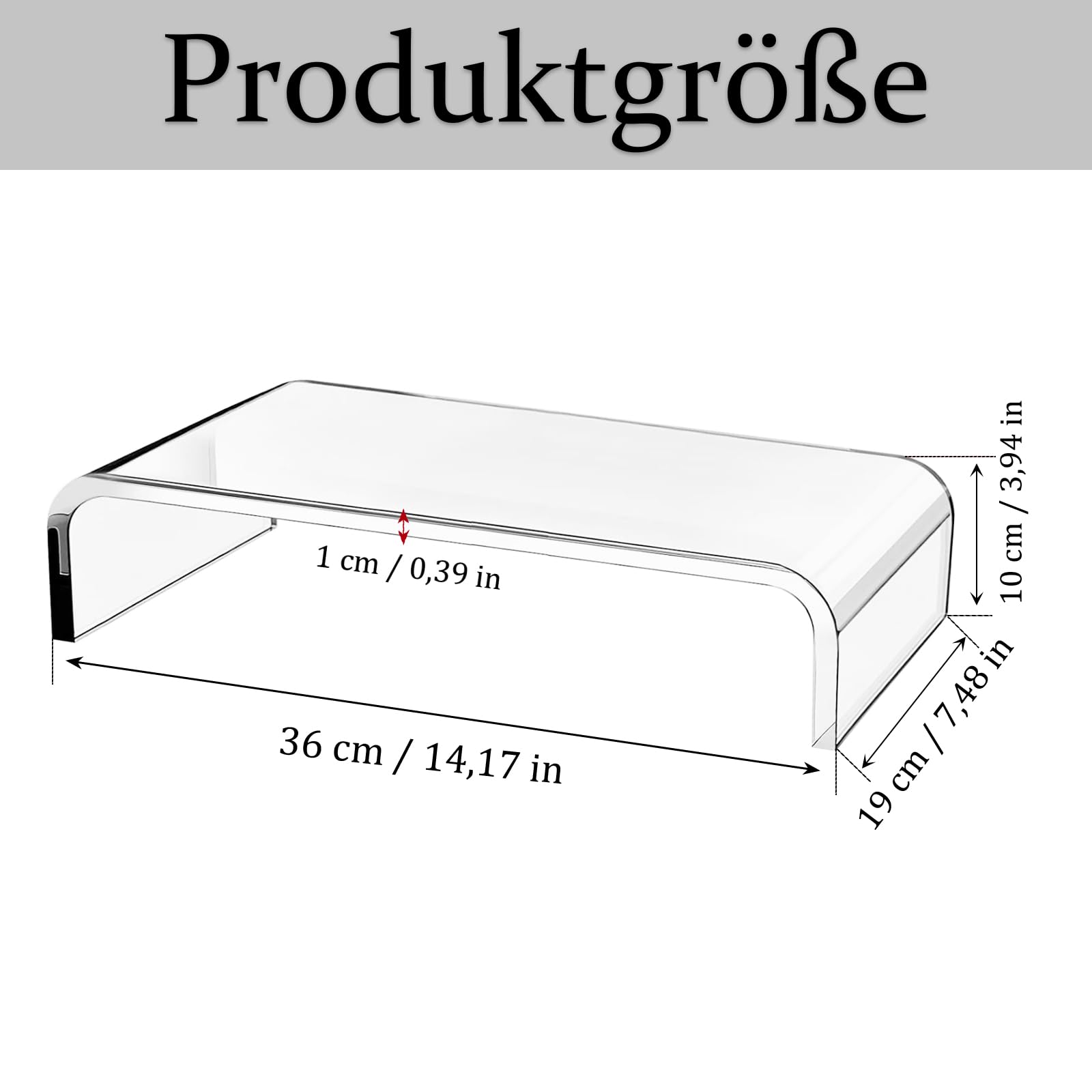 Support D'écran Acrylique Transparent, Rehausseur Ecran PC Bureau, pour Ordinateur Portable, 36 x 19 x 10 cm