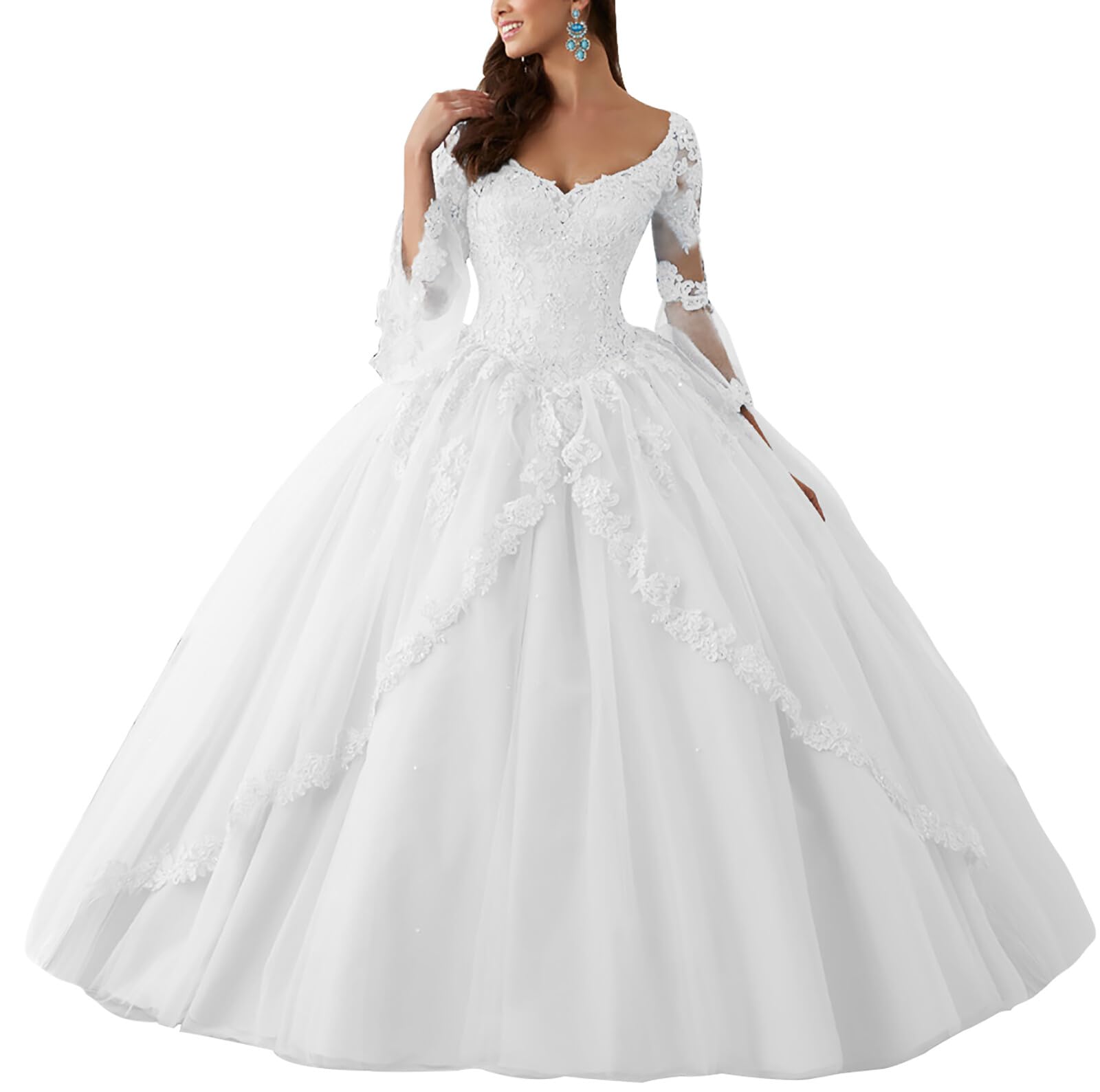 HUINI Ballkleider Lang Spitze Brautkleider Langarm Quinceanera Kleider V-Ausschnitt Prinzessin Hochzeitskleider