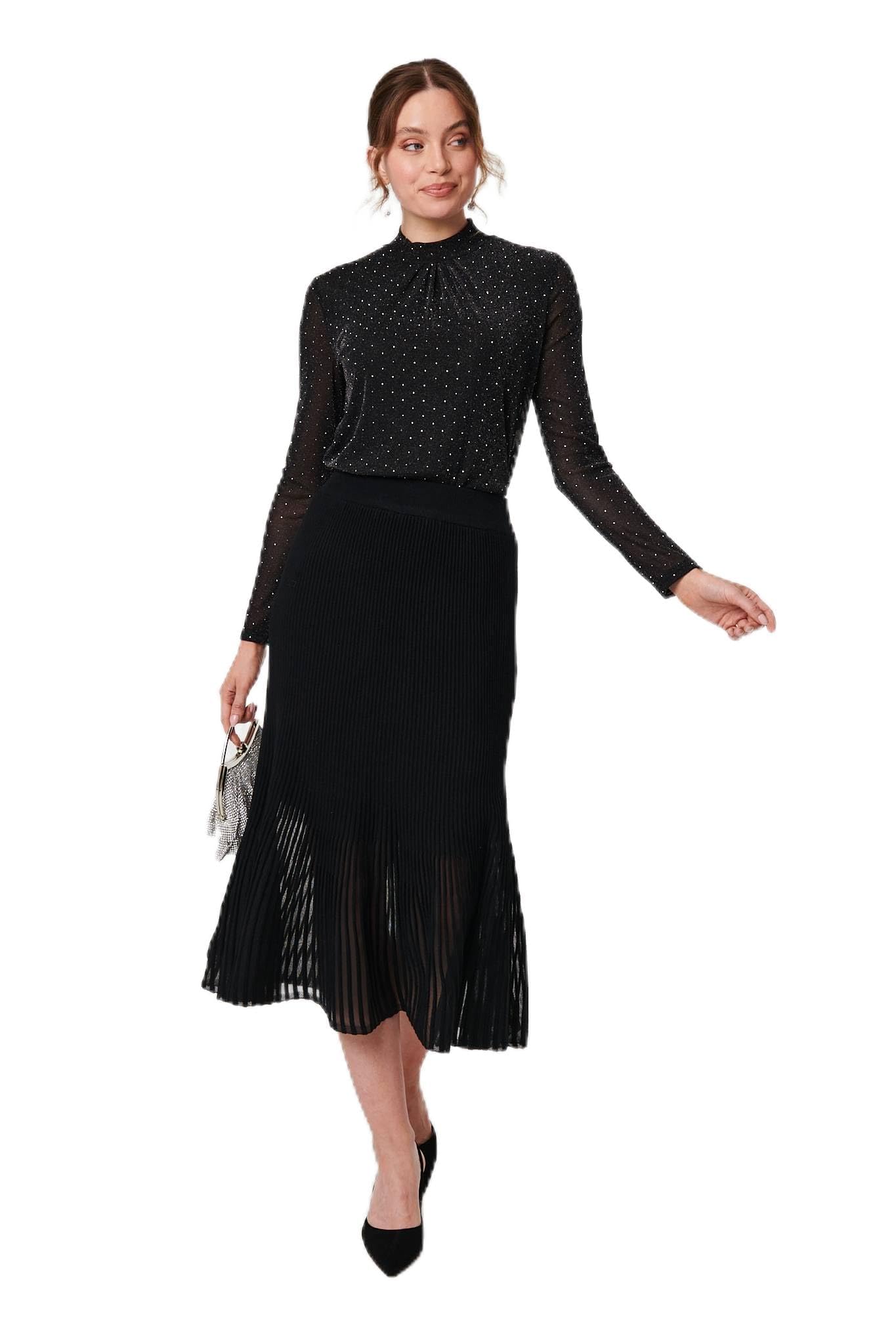 Izabel London Women's Black Semi Sheer Pleat High Waist Midi Skirt In | : Size 16