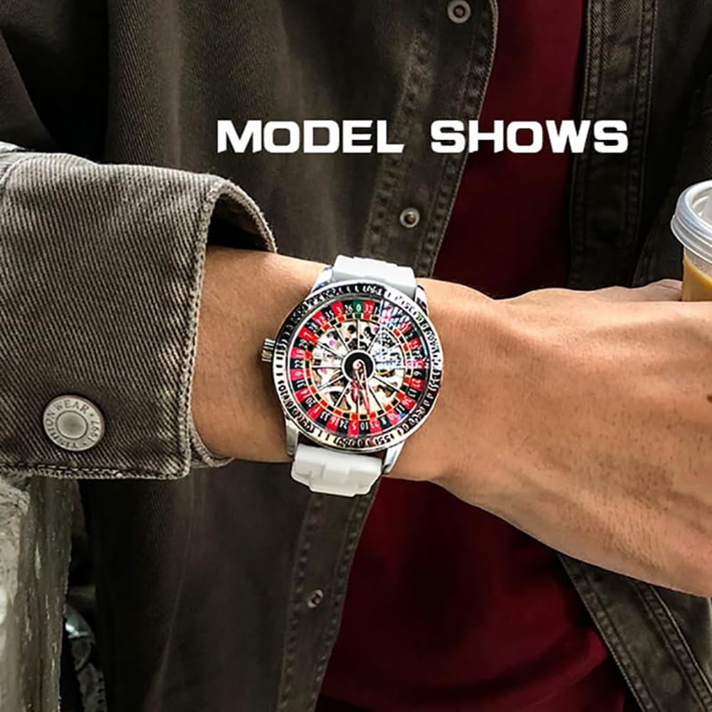 MASTOP Roulette Wheel Męskie zegarki Automatyczny zegarek mechaniczny dla mężczyzn Swinging Rotary Dial Design Hollow Szkielet Zegarki Ze Stali Nierdzewnej Wodoodporny Zegarek Biznesowy, Guma Biała,