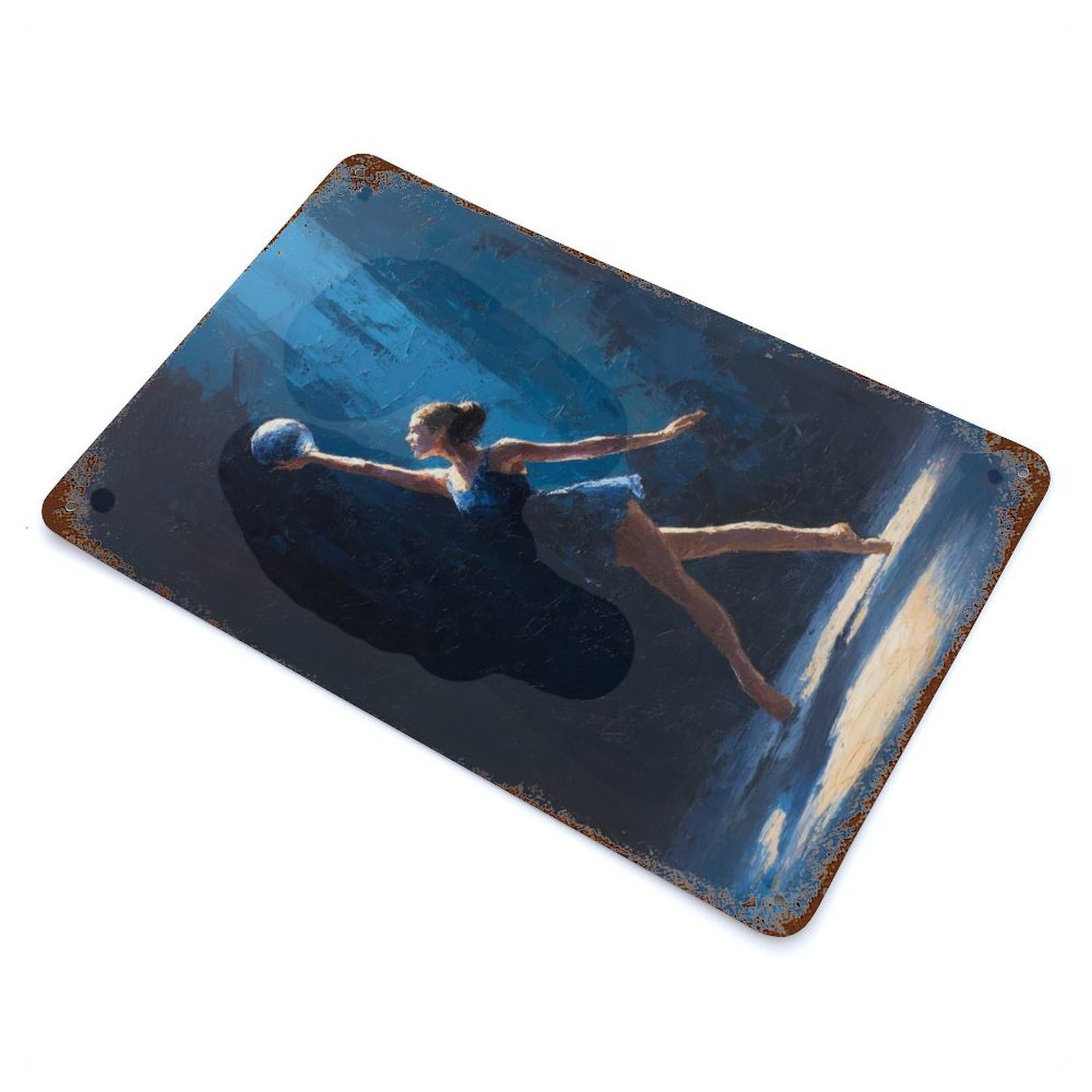 Ballerina with Ball in Blue Light Rhythmic Gymnastics Aged Metal Wall Plaque 11.8"x7.9", Farmhouse Wall Decor for Office, Studio And Wall Decor