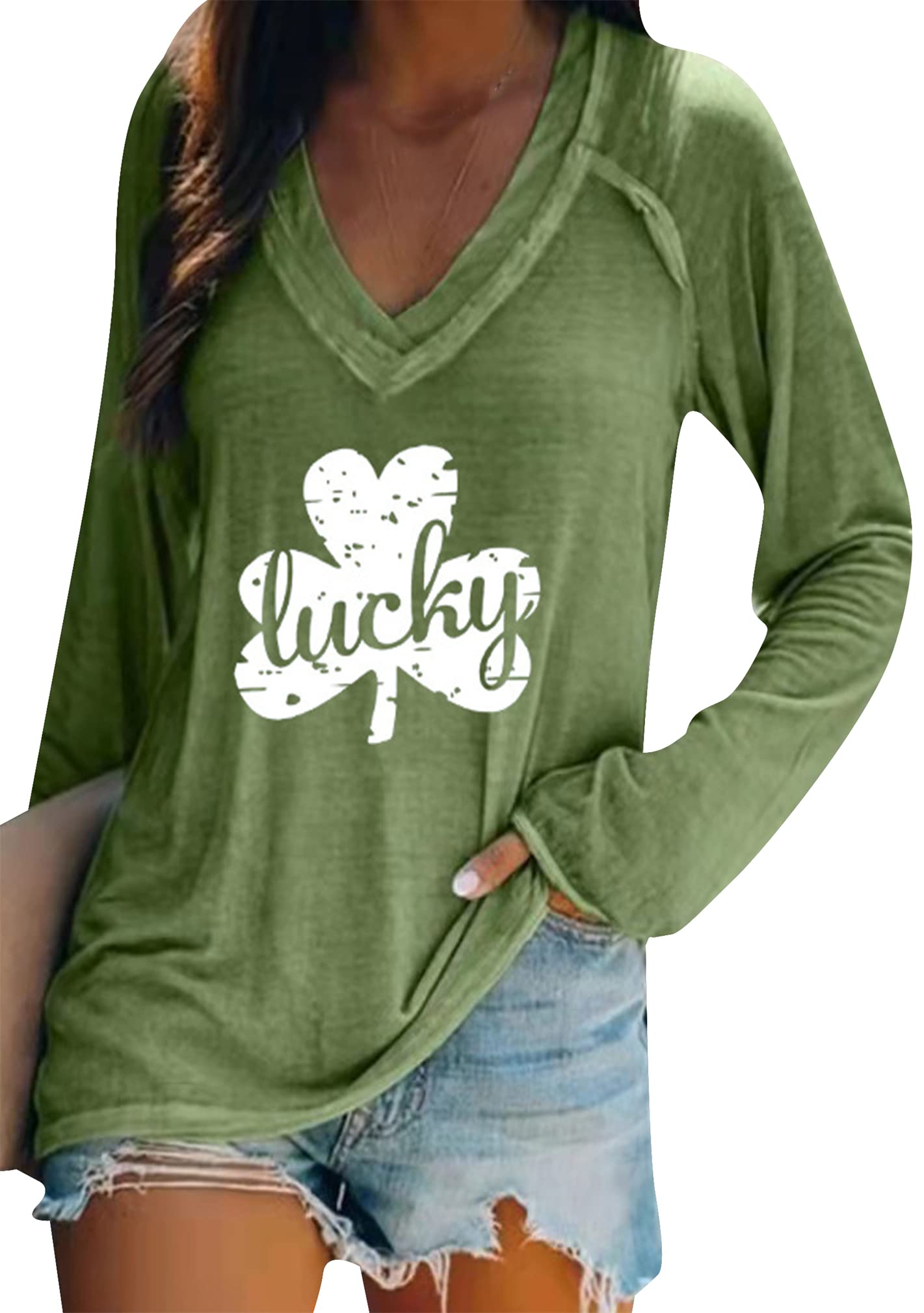 BOFETA Women St Patricks Day Sweatshirts Loose Long Sleeve Shirts Green Shamrock Print Blouse Flowy Color Block Pullover Tops