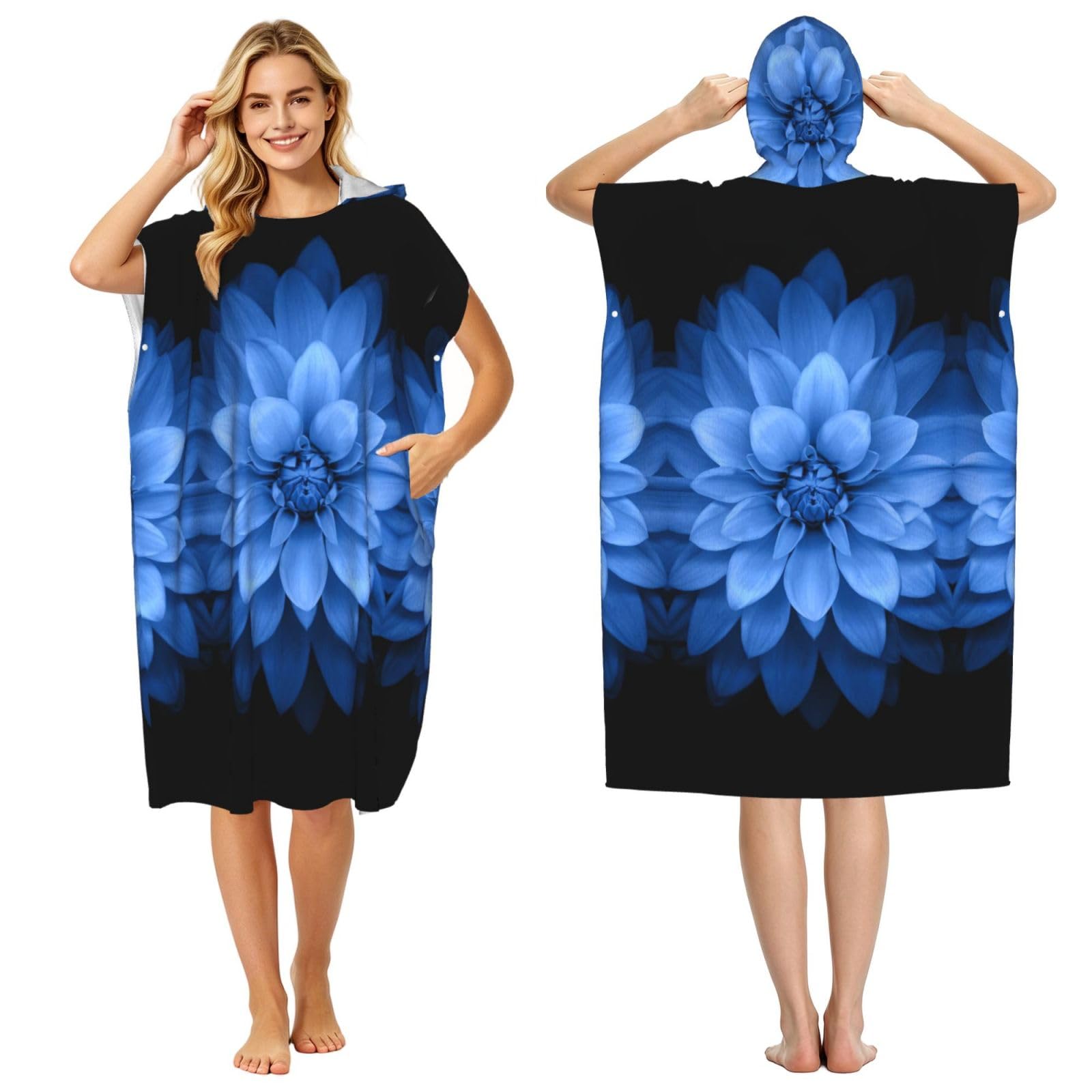 EZDLOWVBA Lotus Print Hooded Poncho Microfiber Beach Towel,Adult Women & Men Changing Robe,Lightweight Summer Surf Swim Bath Poncho Towel