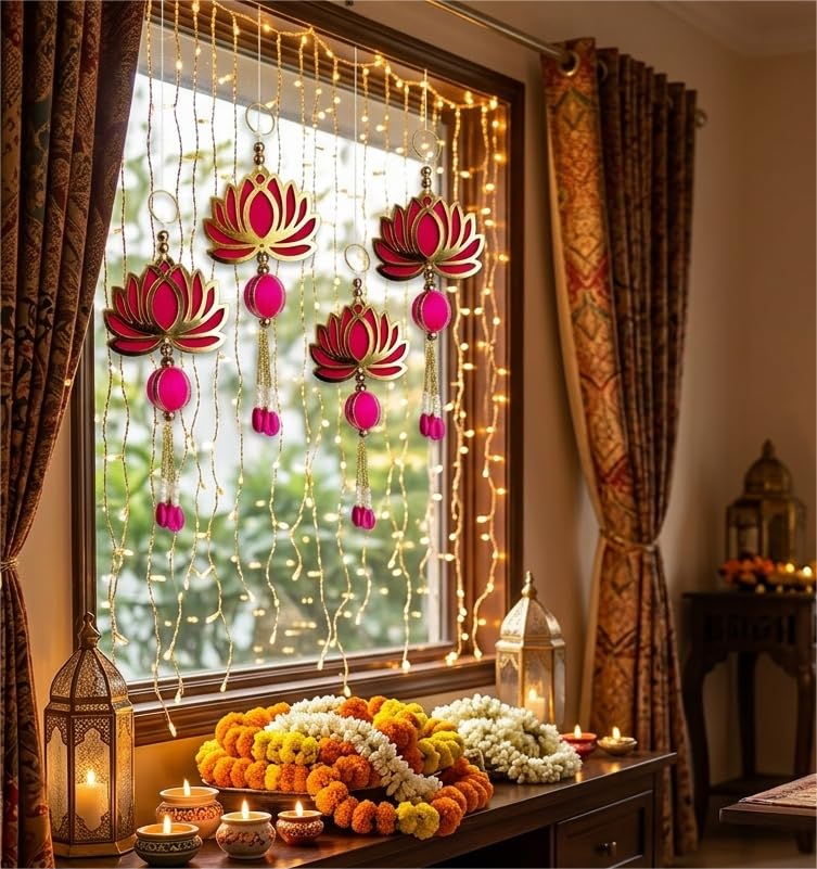 Image of Handcrafted Decorative Wall Decor Hanging Ornament for Ganpati Diwali Navratri and Pooja Setup Ethnic Hanging for Home Entrance and Mandir Temple Decor Set of 6 Lotus MDF Wood with Beads and Pearls