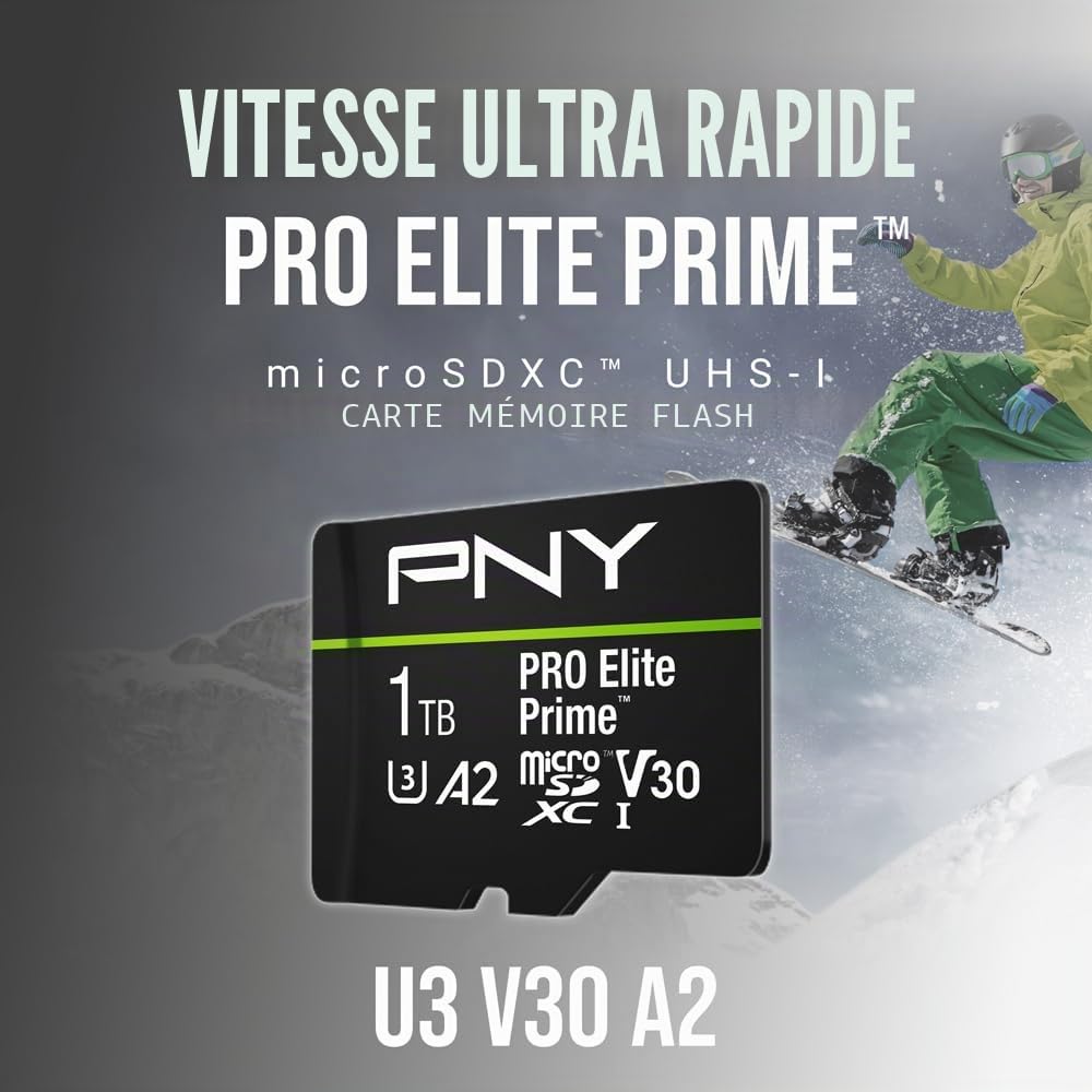 PNY 1TB Pro Elite Prime C10 U3 V30 A2 microSDXC Carte Mémoire Flash