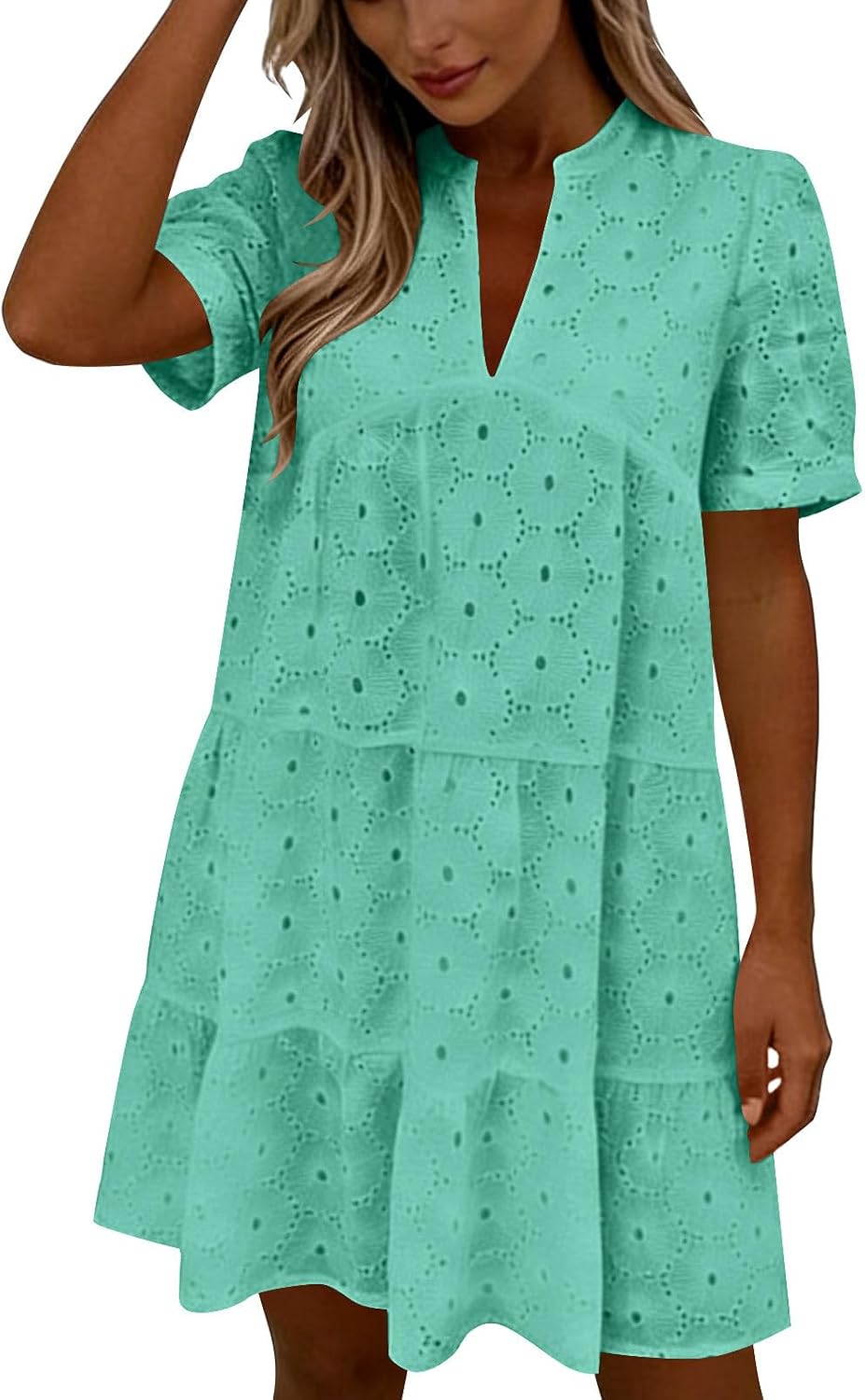 Lace Trim Dress for Women,V-Neck Short Sleeve Knee Length Mini Dress | Loose Fit Relaxed Sundress,Short White Flowy Dress,Dating,Wedding,Party,Vacation,Travel,Beach,Formal,Cocktail Party,Office