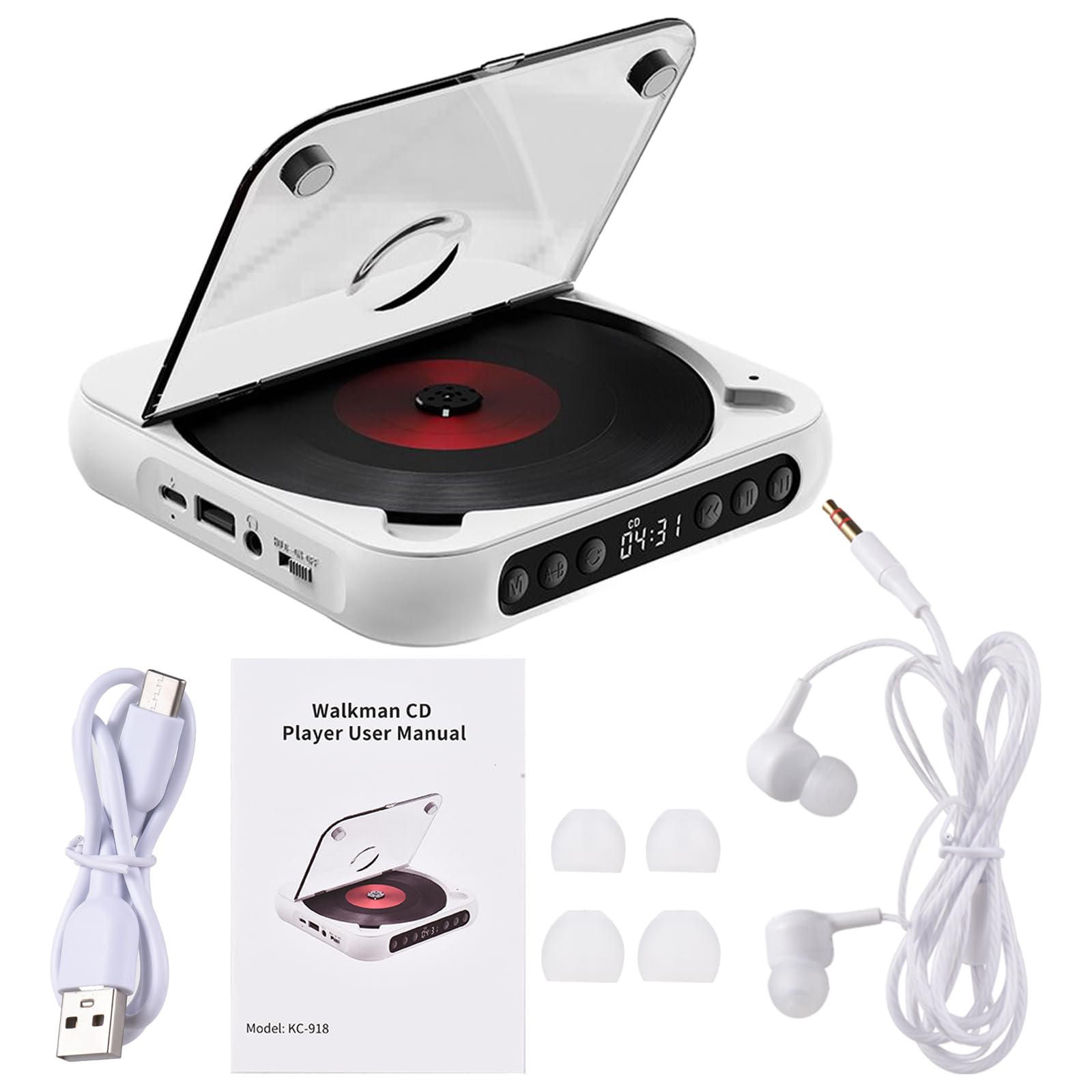 Lecteur CD BT avec casque et housse anti-poussière 6 modes A-B répétition minuteur télécommande fonction lecture externe portable pour bureau à domicile (blanc)