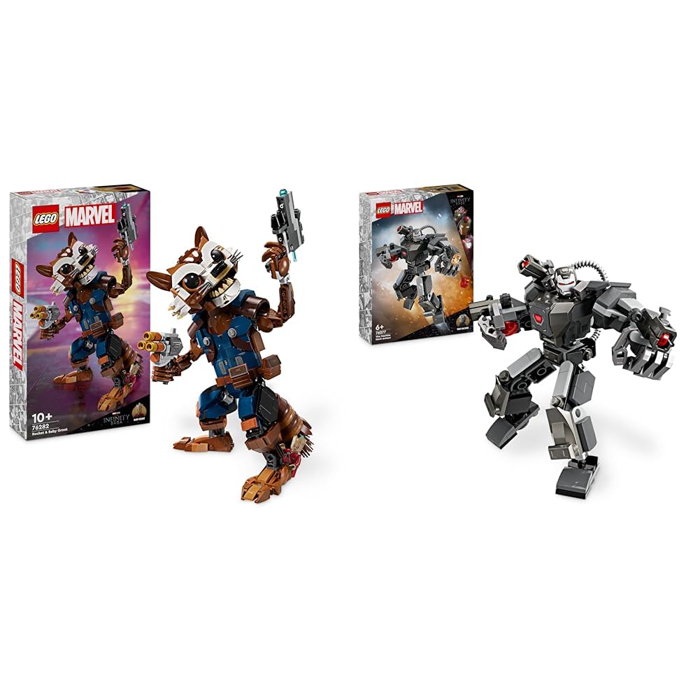 LEGOMarvel Rocket & Baby Groot, Guardians of the Galaxy Buildable Toy, Raccoon Action Figure & Marvel War Machine Mech Armour, Buildable Toy Action Figure for Kids with 3 Stud Shooters