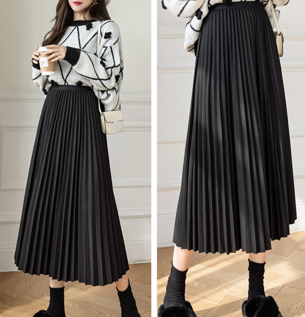 Faldas para Mujer Longitud Midi, Elegante Falda Negra De Invierno Faldas Plisadas Fluidas para Mujer Cintura Elástica Midi Cálida Falda De Talle Alto De Línea A(S)